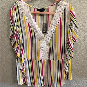 Ashley Stewart Multicolor Striped V-Neck Lace-Trim Blouse size 14/16